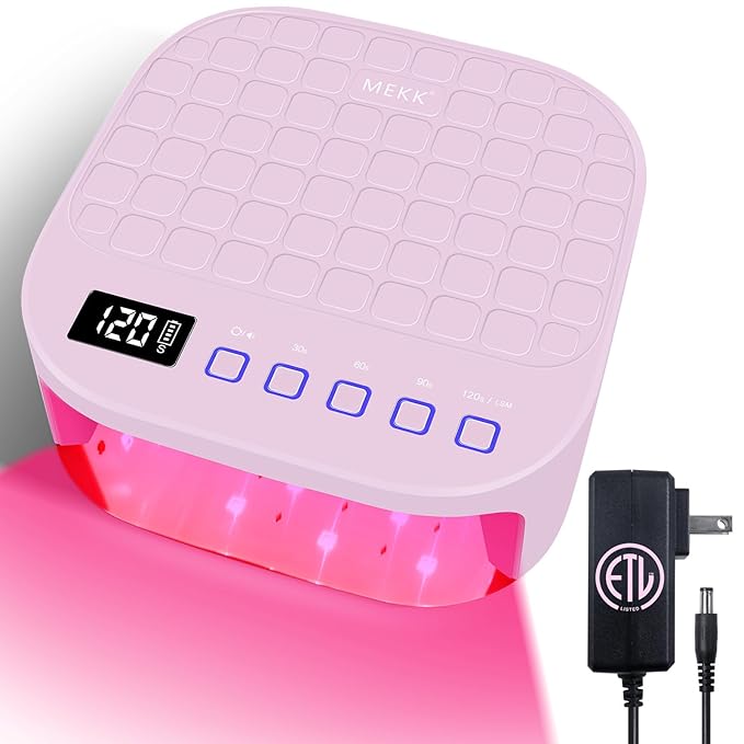 MEKK Cordless UV LED Nail Lamp,54W UV Light for Gel Nails with Hand-Friendly Red Light Beads,Auto Sensor & 4 Timer Settings Professional Flash Cure Lamp for Salon and Home,Checkered Design-Pink