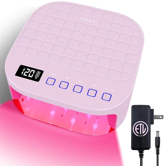 MEKK Cordless UV LED Nail Lamp,54W UV Light for Gel Nails with Hand-Friendly Red Light Beads,Auto Sensor & 4 Timer Settings Professional Flash Cure Lamp for Salon and Home,Checkered Design-Pink