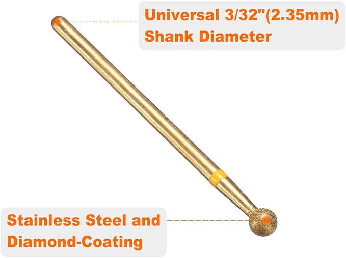 HARFINGTON 6pcs 325-400 Grits Diamond Grinding Bit 4mm Ball Head 2.35mm Shank 4mm Length Titanium Plated Stone Sanding Drill Bits Rotary Tool for Nails Grinding Polishing