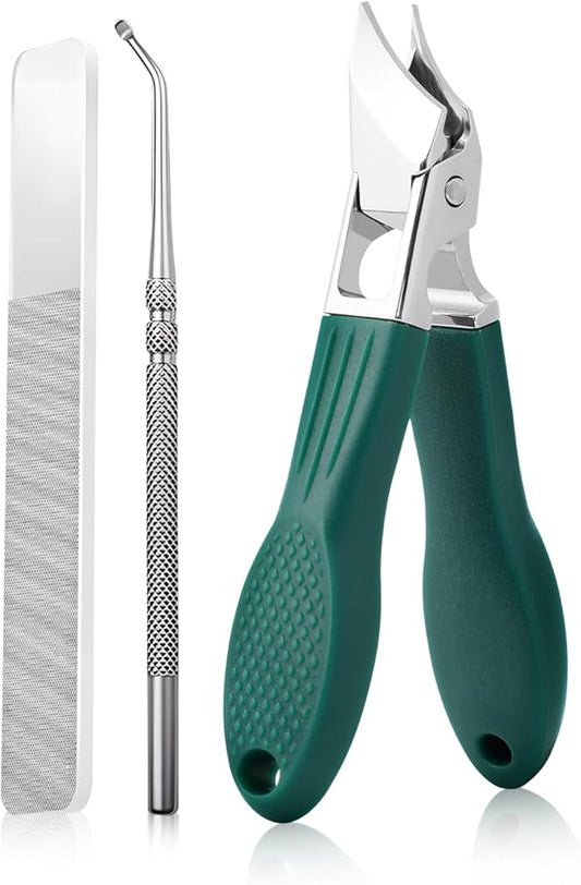 Eagle Beak Beveled Nail Clippers, Wide Jaw Opening Anti-Splash Slanted Nail Clipper Set, Eagle Beak Angled Nail Clippers 3-Piece Set, for Thick and Ingrown Nails (Green)