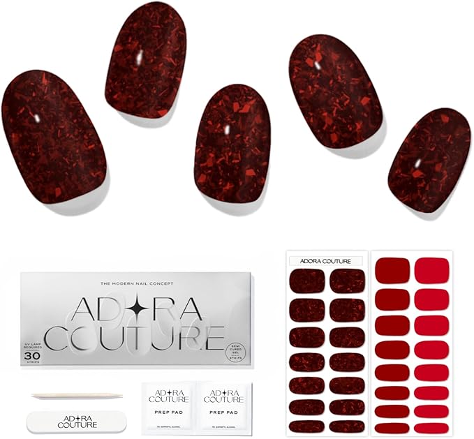 Semi Cured Gel Nail Strips with 30 Pieces - Salon Quality Manicure Kit for Women Easy Application Wraps Includes Prep Pads Nail File Wooden Stick, UV Light Required (Flake Ruby)