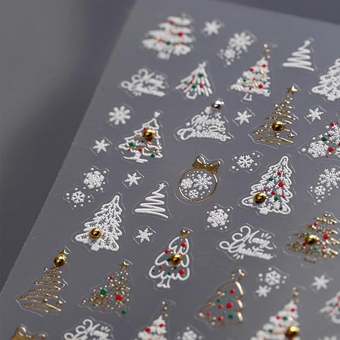 Christmas Nail Stickers 5D Embossed Xmas Tree Nail Decals with Rhinestones Snowflake Winter Nail Design Self-Adhesive Holiday Nail Art Decoration for Women Girls Nail Art Decoration