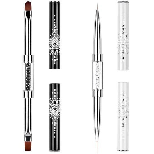 2Pcs Dual-ended Nail Design Brushes Rhinestone Handle UV Gel Nail Brush Set Professional Nail Art Tools