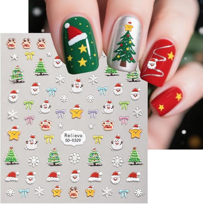 5 SheetsChristmas Nail Stickers for Nail Art, 5D Embossed Self-Adhesive Trees Nail Decals, Mushroom Nail Supplies Nail Art Design Accessories for Women and Girls Manicure DIY Decoration
