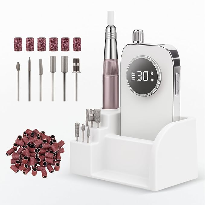 45000 RPM Nail Drill - Brushless Cordless Efile LCD Display & Heat Reduction Tech for Acrylic Gel Nails (White)