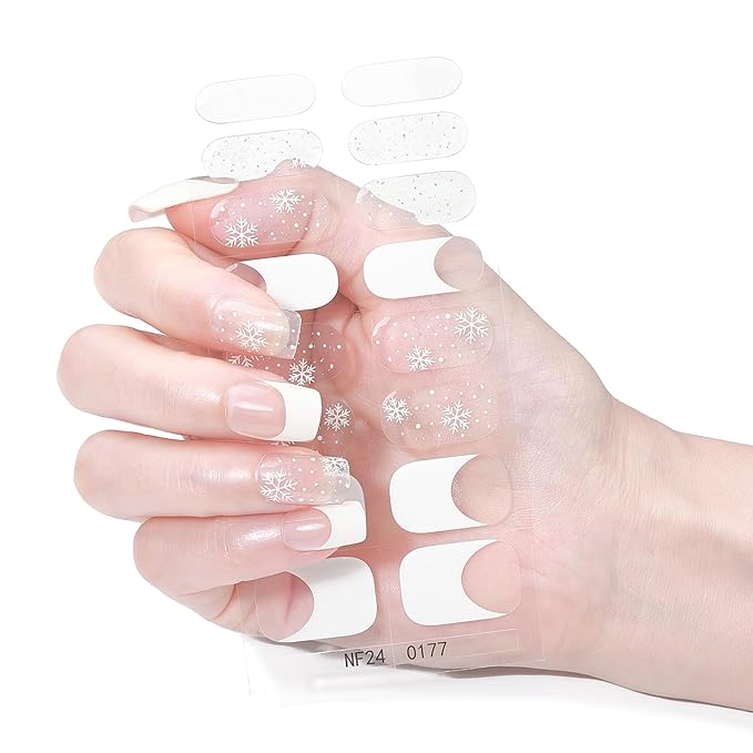 Christmas Semi Cured Gel Nail Strips, 16 Pcs Winter Xmas Gel Nail Stickers Snowflake Designs White French Tip Wraps for UV/Led Manicure Lamp Nails Art Decorations