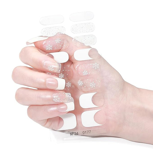 Christmas Semi Cured Gel Nail Strips, 16 Pcs Winter Xmas Gel Nail Stickers Snowflake Designs White French Tip Wraps for UV/Led Manicure Lamp Nails Art Decorations