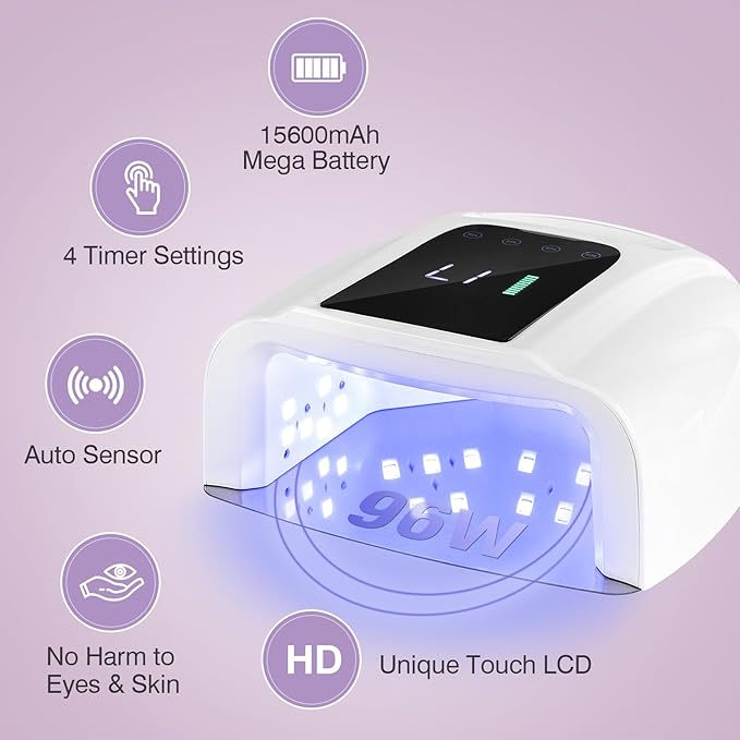 Rechargeable UV LED Nail Lamp, 96W Cordless Nail Dryer Wireless UV Gel Nail Polish Curing Light with 42 Beads LCD Smart Sensor 4 Timer Settings