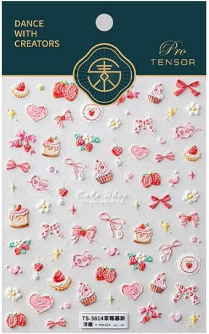 Strawberry Nail Stickers Pink Bow Nail Art Stickers 5D Self-Adhesive Nail Decals Strawberry Cake Nail Design Pink Nail Art Decoration Accessories for Women and Girls