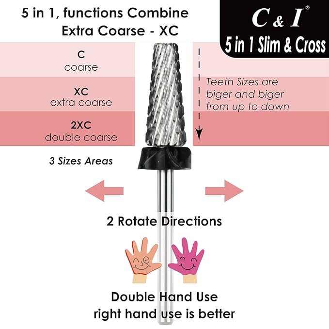 C & I 5 in 1 Nail Drill Bit, Cross & Slim Edition, Professional Nail Drills for Electric Manicure Drill Machine (Extra Coarse -XC)