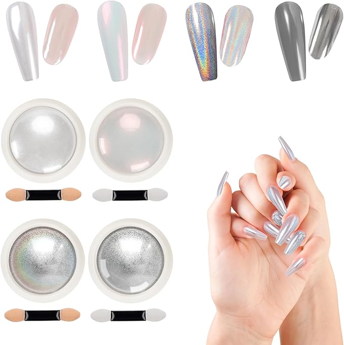 Chrome Nail Powder White And Silver 4 Colors Holographic Pearlescent Chrome Nail Powder Nail Art Glitter, Shiny and Long Lasting for Nail Art Decoration