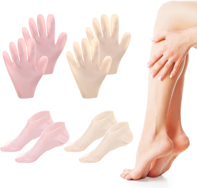 4Pairs Silicone Socks Gloves Set for Dry Cracked Feet and Hands, Anti Slip Soft Feet Moisturizer Socks Moisturizing Gloves for Softening, Care After Pedicure (Pink, Nude)