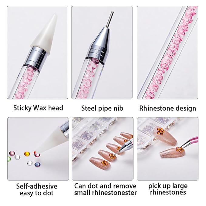 12 grid flat back Rhinestones with Tweezers and Wax Pencil Gems , DIY decorative Nail Face and apparel accessories (crystal,crystal AB,five color and blue flame)