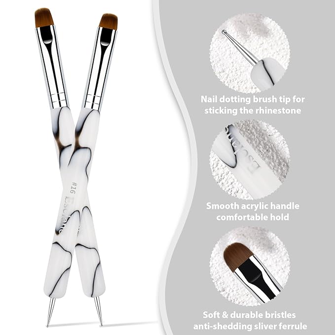 French Manicure Brush, Esclane 2 Way French Nail Brush with Dotting Tool for Manicure Cuticle Clean Up Nail Art Design, French Tip Brush (White, #14)