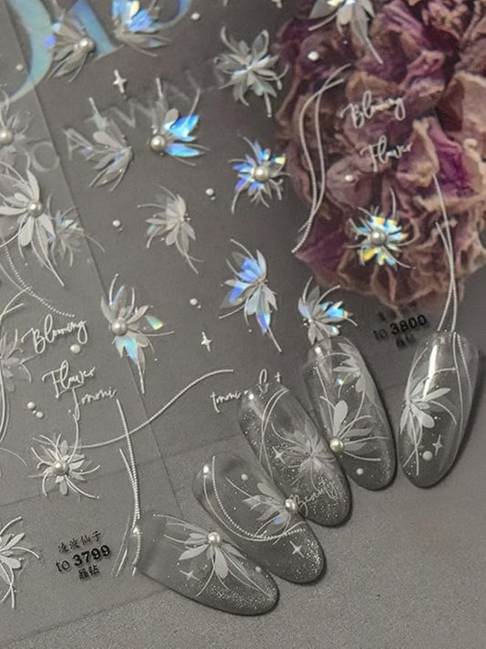 Fairy Pearled Nail Stickers 5D Embossed – Premium Salon-Quality Nail Charm Accessories, Easy Application & Self-Adhesive White Petals Decal for DIY Manicure, Nail Art, Press on, Home or Salon Use