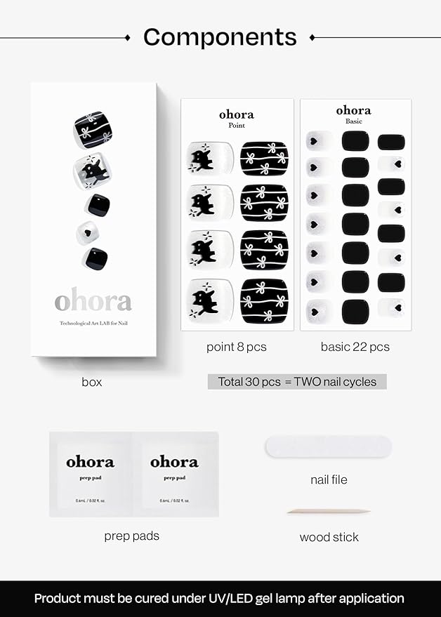ohora Semi Cured Gel Pedi Strips (P Jumping Cat) - Black, Works with Any UV/LED Lamps, Salon-Quality, Long Lasting, Easy to Apply & Remove - Includes 2 Prep Pads, Nail File & Wooden Stick