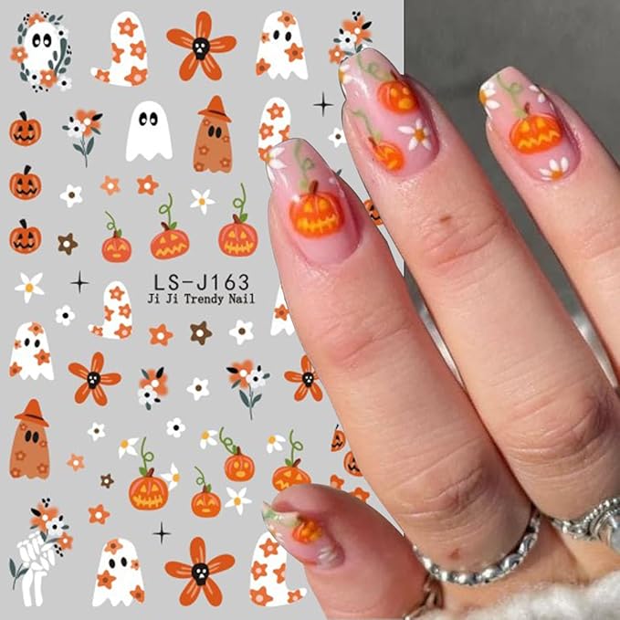 Halloween Nail Art Stickers Flower Ghost Pumpkin Nail Decals 6PCS Black Cat Blood Eye Ball Palm Cartoon Design 3D Self-Adhesive Halloween Stickers Manicure Supply for Women DIY Nail Art Decorations