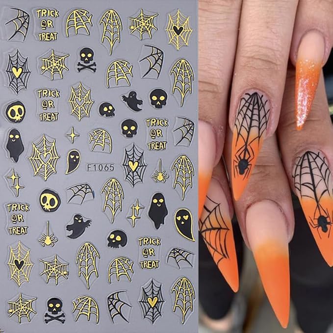 6 Sheets Halloween Nail Stickers for Nail Art, 3D Self-Adhesive Pumpkin Ghost Spider Web Nail Decals, Cute Bat Nail Supplies Nail Art Design Accessories for Women and Girls Manicure DIY Decoration