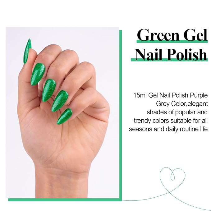 Imtiti Green Glitter Gel Nail Polish, 0.5 fl oz Sparkly Shimmer Christmas Forest Green Color Soak Off Polish for Nail Art Manicure Salon DIY Lamp Design