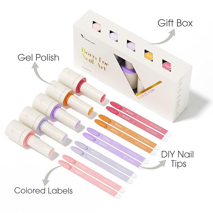 VENALISA Gel Nail Polish Set, 5 Colors 10ML Gel Polish Kit Purple Coral Pink Orange Color Soak Off Salon Manicure DIY at Home Nail Art For Girls Women
