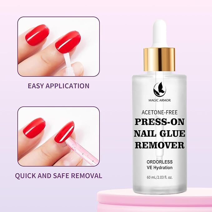 60 ML Nail Glue Remover for Press on Nails with Crystal Stick, Acetone-Free Odorless Nail Gel Glue Remover, Soft Painless Removal for Nail Tips