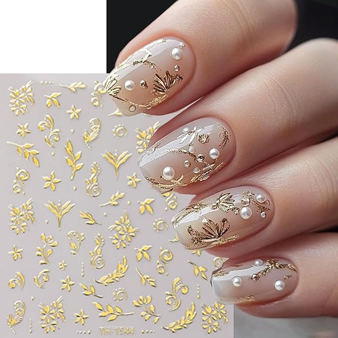 Gold Flower Nail Art Stickers 3D Self Adhesive Nail Stickers Metal Nail Decals with Bronzing Floral Leaf Design Cute Nail Sticker for Nails Art Decoration Salon Manicure Supplies for Women 6 Sheets