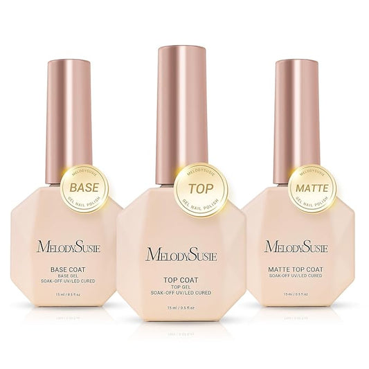 MelodySusie Top Coat Matte Top Coat Base Coat No Wipe Glossy Set Long Lasting Shine Finish Soak Off UV LED Nail Lamp Nail Art Design Manicure Kit Perfect Gifts for Women Girls 3 Pcs 15ml Clear