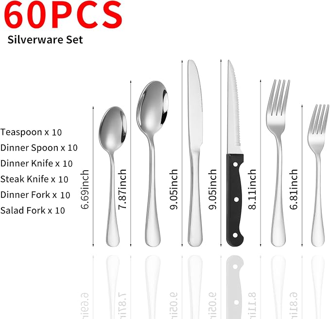 60-Piece Silverware Set with Steak Knives Stainless Steel Flatware Set - Image 2