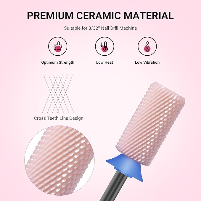MelodySusie Ceramic Nail Drill Bits, 3/32'' Chamfer Flat Top Large Barrel Bits, Fast Remove Acrylic or Hard Gel, Nail Tool for Manicure Pedicure, Salon Home, Professional or Beginner, Pink, Medium