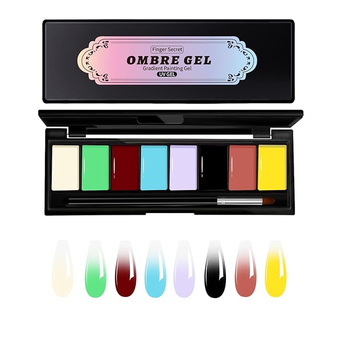 Finger Secret 8 Colors Ombre Gel Pat Nail Polish Set,Ombre Pigment for Nails,Gradient Painting Gel with 50Pcs Nail Sponges for 3D Gels Nail Art can be Painted in Salon or Home Use