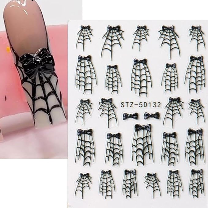5D Halloween Nail Stickers Spider Web Nail Art Stickers Spider Bow Nail Decals Self Adhesive 3D Nail Design Sticker Cobweb Nails Decorations for Women Girls Manicure Accessories Supplies 2Pcs