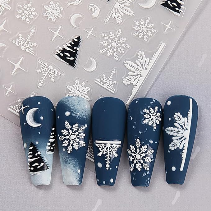 2 Sheets 5D Christmas Embossed Nail Art Stickers Snowflakes Nail Decals Cute Snow Trees Bells Winter Design Self-Adhesive Pegatinas Uñas Xmas Nail Stickers Santa Claus Nail Decals for Women Manicure