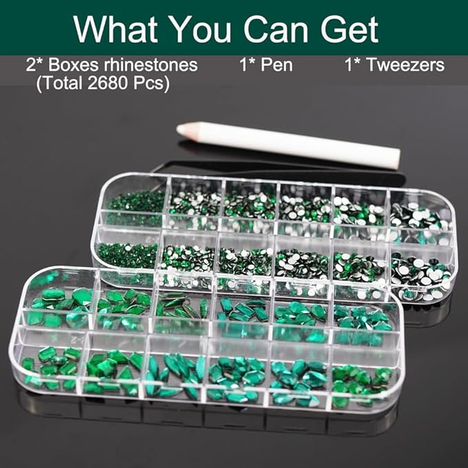 2680Pcs Emerald Green Nail Rhinestones, 120Pcs Big Glass Green Diamond Nails Gem Stones with Bling Flatback Round Beads, Clear Nail Art Charms Jewelry for Face DIY Decoration with PickTool