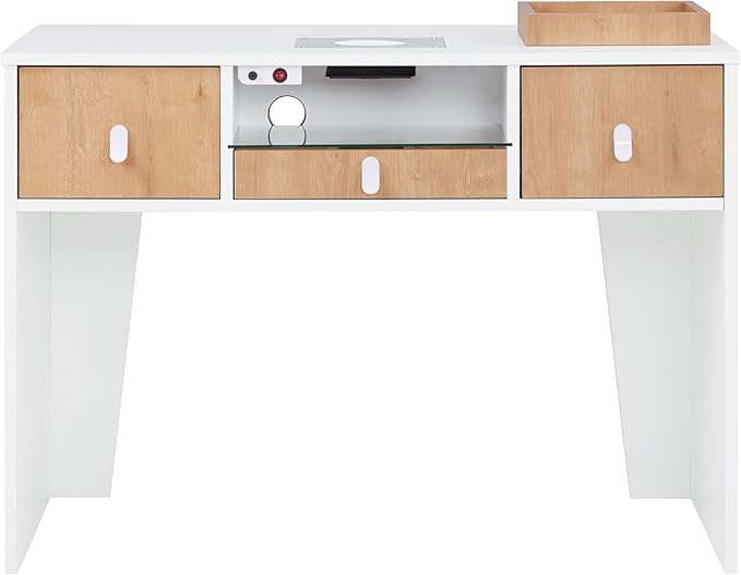 BarberPub Manicure Table with Electric Dust Collector & 2 Dust Bags, Beauty Nail Art Desk with Built-in Socket, Salon Nail Supplies Storage Workstation with Nail Vacuum Cleaner VC232 (White&Teak)