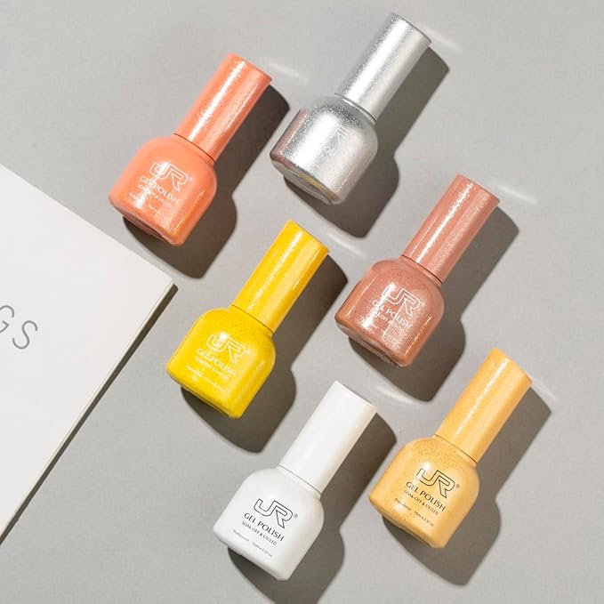 JR 6Pcs Colorful Collection Gel Nail Polish Sparkly Shiny Soak Off White Silver Brown Gel Polish Nail Art Salon Design for Women (137P, 15ml)