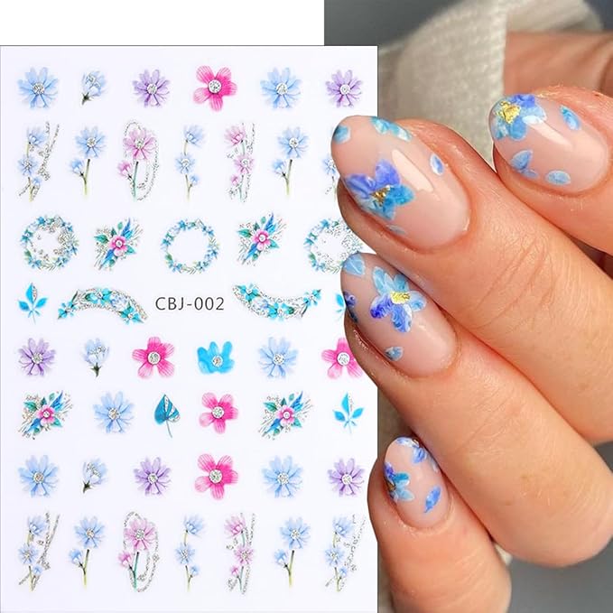 Flower Nail Art Stickers Decals 3D Silver Glitter Floral Nail Decals Spring Summer Leaf Rose Daisy Nail Stickers Colorful Cute Flower Nail Decoration Accessories for Women DIY Acrylic Nail 6Sheets