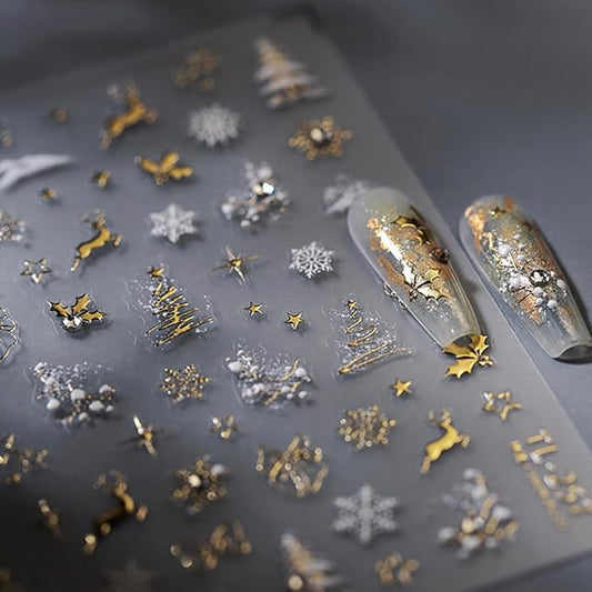 Christmas Nail Art Stickers 5D Embossed Christmas Nail Decals with Rhinestone 1PCS Gold Deer Xmas Tree Snowflake Xmas Nails Design Manicure Sticker Accessories for Women Holiday DIY Nail Decorations