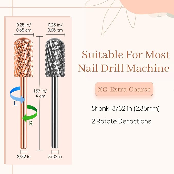 Nail Drill Bits Smooth Top 2PCS, Drill Bits for Nails Tungsten Carbide Bits for Acrylic, 3/32" Safety Nail Bits for Removing Acrylic/Hard Gel for Salon Experienced, Extra COARSE(XC)