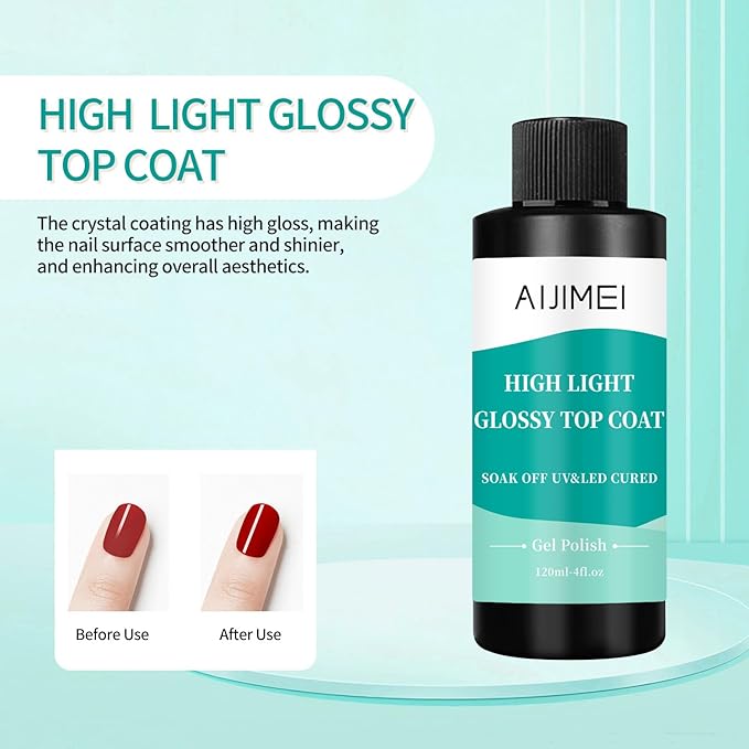 AIJIMEI 120ml High Shine Glossy Top Coat for Nails Long Lasting, Smooth TopCoat, High Light Glossy Top Coat for DIY Nail Art Use Enhance Your Manicure with Brilliant Reflection 4 Fl Oz