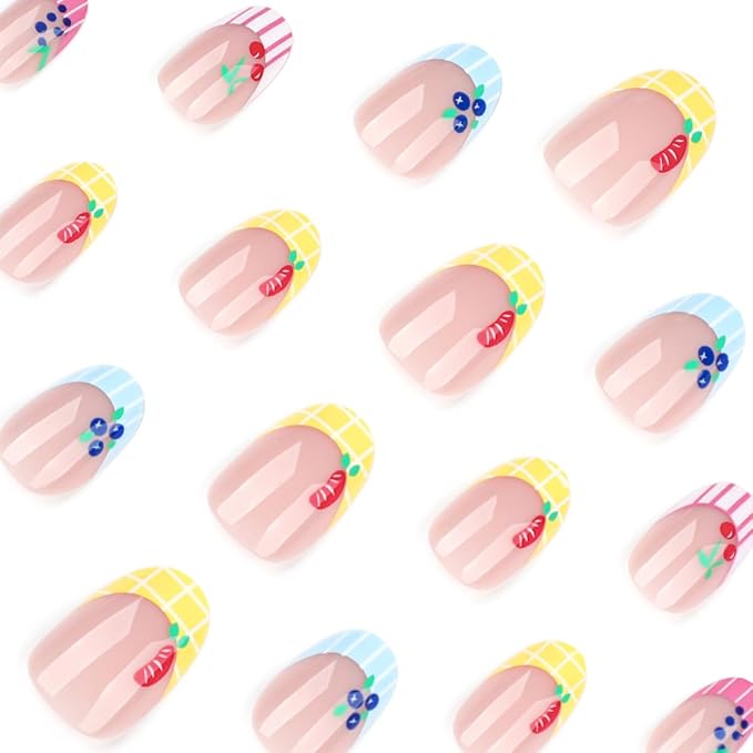 Summer Fruit Press On Nails Oval Shape, Colorful Striped Fake Nails with Cute Cherry Grape Orange Blueberry Designs, Glossy Gel Finish Acrylic Reusable Glue On Nails for Women, 24 Pcs