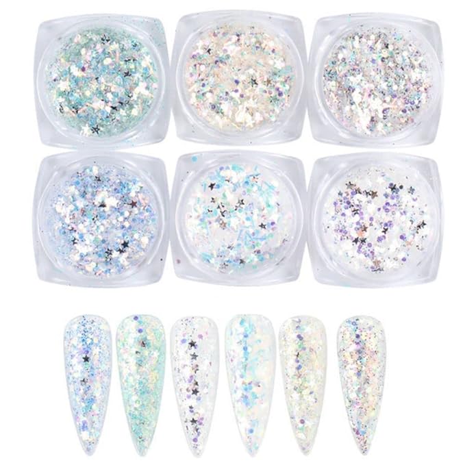 Holographic Nail Art Sequins Glitter Kits 6 Boxes 3D Nails Glitter Metallic Shining Flakes Acrylic Powder Dust Sequins for Nails Decoration Holographic Manicure Tips (Mixed Color - Fresh)