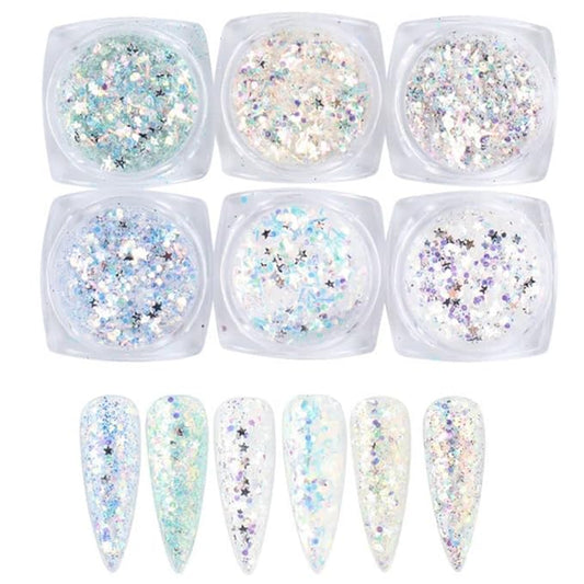 Holographic Nail Art Sequins Glitter Kits 6 Boxes 3D Nails Glitter Metallic Shining Flakes Acrylic Powder Dust Sequins for Nails Decoration Holographic Manicure Tips (Mixed Color - Fresh)