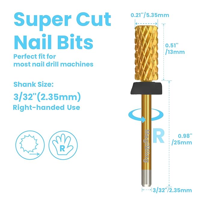 3/32'' Super Cut Nail Drill Bits for Fast Hard Gel Removal, MagiBling Tungsten Carbide Bits for Professional Users, Upward Deep Cut, Right Hand Use, Manicure Cuticle Gel Polishing, Extra Coarse.