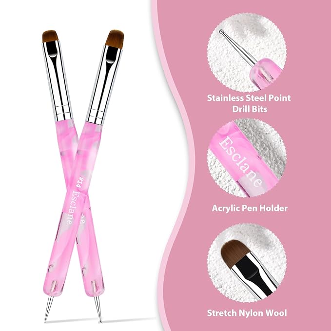 French Manicure Brush, Esclane 2 Way French Nail Brush with Dotting Tool for Manicure Cuticle Clean Up Nail Art Design, French Tip Brush (Pink, #14)