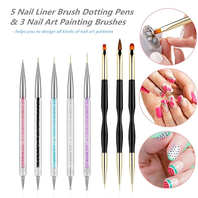 5PCS Nail Dotting Pens with 3PCS Nail Painting Brushes, Dual End Nail Art Pen Brush Acrylic Painting Drawing Liner Nail Tools(Set of 8)