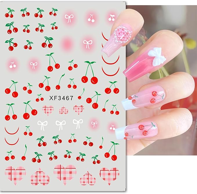6Sheets Cherry Nail Art Stickers Decals Summer Fruit Nail Stickers 3D Self-Adhesive Strawberry Bow Nail Art Design Supplies Cute Fruits Rabbits Nail Decals for Women and Girls Acrylic Nails Decoration
