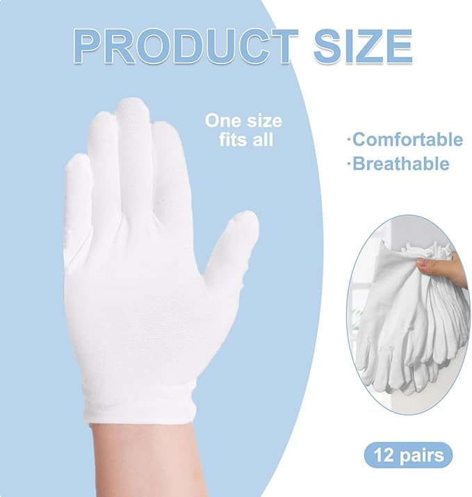 12 Pairs White Cotton Gloves Premium Moisturizing Hand Protection for for Dry Hands Sleeping Eczema Relief for Men and Women
