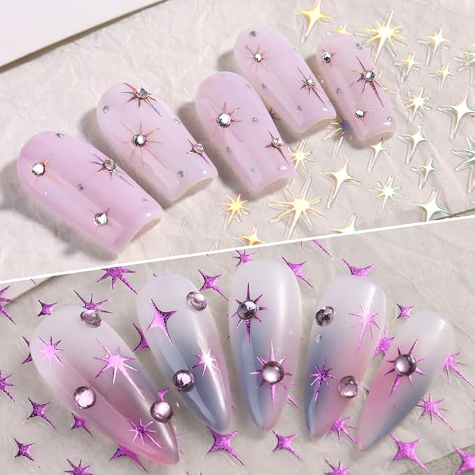 4 Sheets Starlight Star Nail Stickers 3D Glitter Shiny Purple Gold Silver Laser Stars Nail Art Designs Self-Adhesive Nail Decals for Women Girls DIY Manicure Decoration Supplies