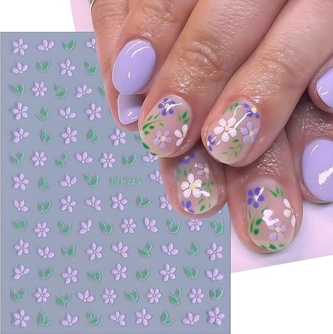 6Sheets Flower Nail Stickers for Nails Spring Floral Nail Decals Purple Pink Flowers Leaves Design Cute Nail Art Stickers Small Daisy Nails Supplies DIY Manicure Decoration Accessories for Girls