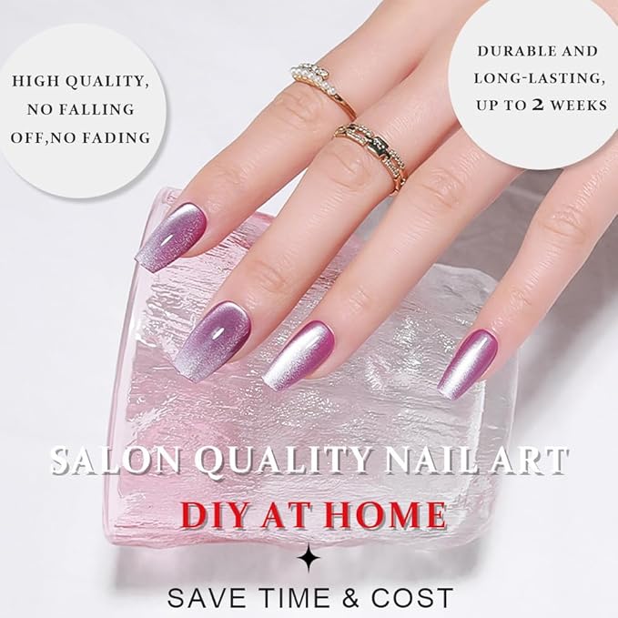 evpct Purple Cat Eye Coffin Press on Nails Square Medium, Medium Square Glue on Nails for Women Gift, Lavender Purple Metallic Glitter Glossy Reusable Summer Gel Press on Fake Nail with Designs, 24Pcs